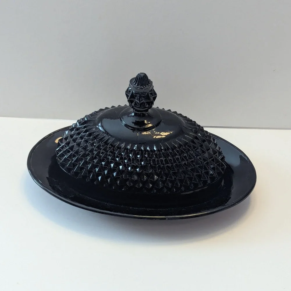 Vintage 1970s Tiara Indiana Cameo Black Diamond Point Butter Keeper